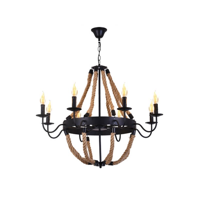 Black Wagon Wheel Hanging Chandelier Industrial Rope Restaurant Ceiling Hung Fixture