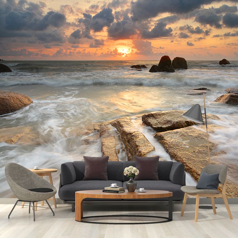 Tropix Sundown Rushing Waves Mural Yellow Moisture Resistant Wall Decor for Living Room