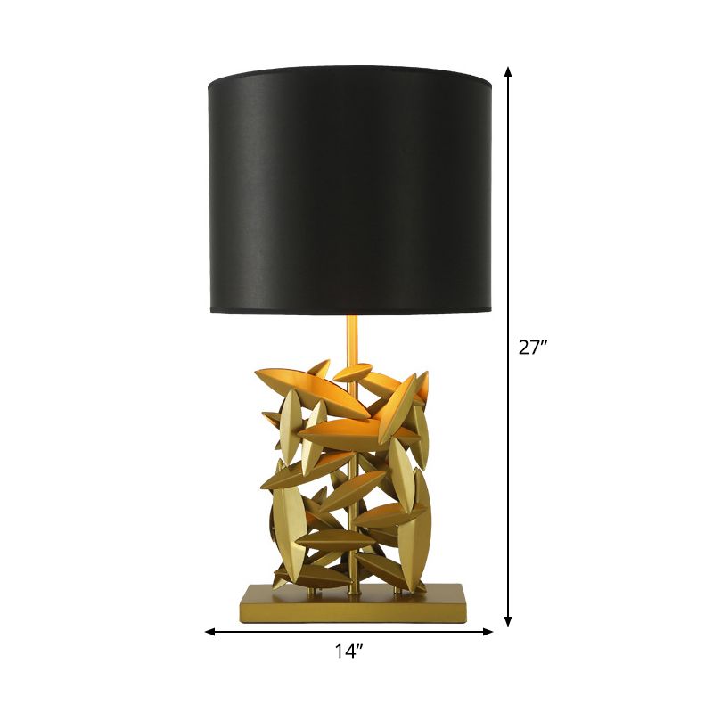 Black Barrel Table Light Modern 1 Head Fabric Desk Lamp with Gold Rectangular Metal Base