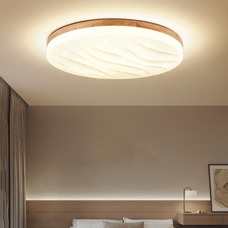 Single Beige Flush Mount Lighting Circle Wooden LED Ceiling Light