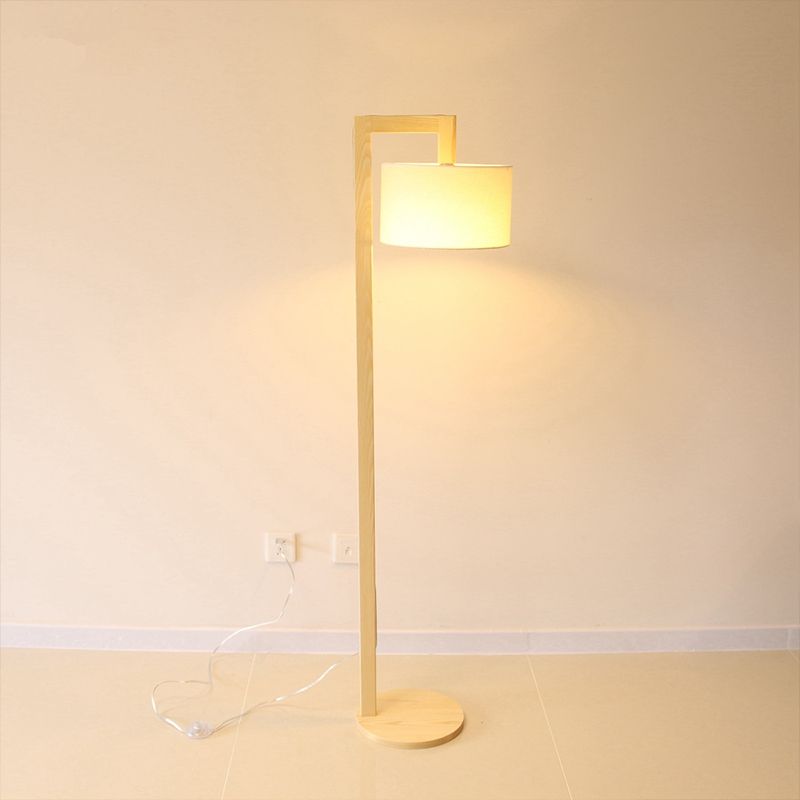 Cylindrical Fabric Floor Lamp Minimalist 1 Bulb Wood Stand Up Lamp with Right Angled Pole