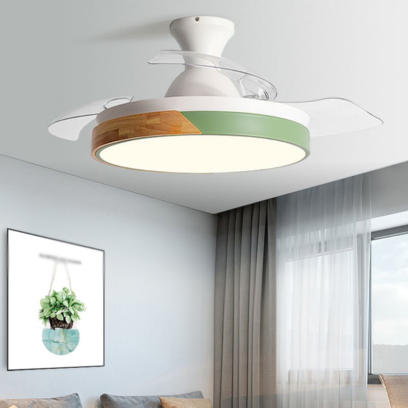 Macaron Color-Blocking LED Ceiling Fan Invisible Blades Dining Room Semi Flush Mount Light