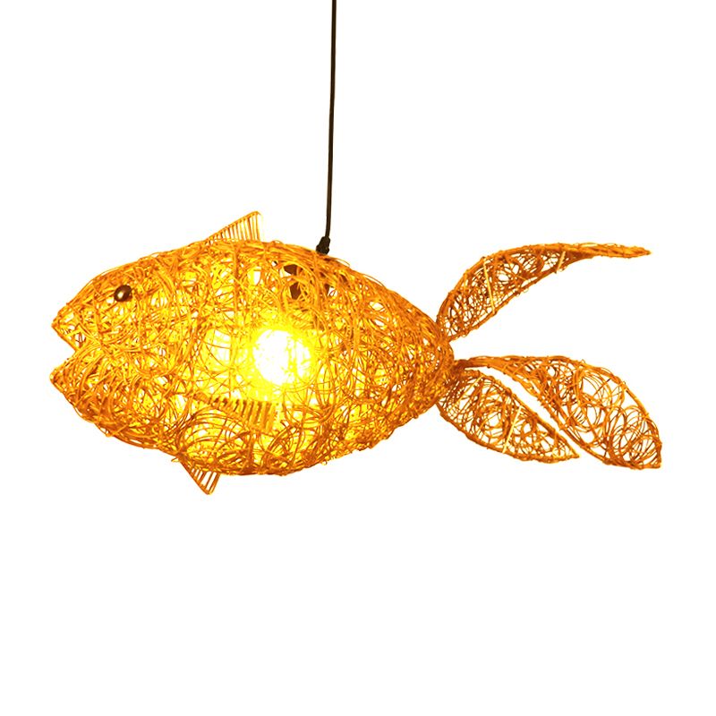 Lumo a pendolo a forma di pesce in stile asiatico Rattan a 1 lutto soggiorno appeso lampada a soffitto in oro