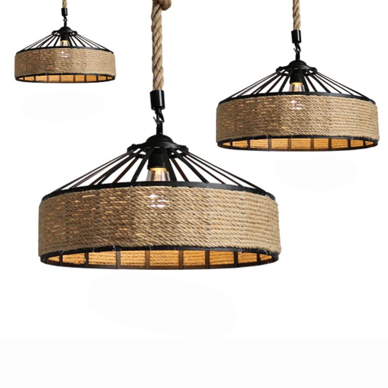 Rope Beige Ceiling Pendant Light Drum Industrial Style Commercial Pendant Lighting