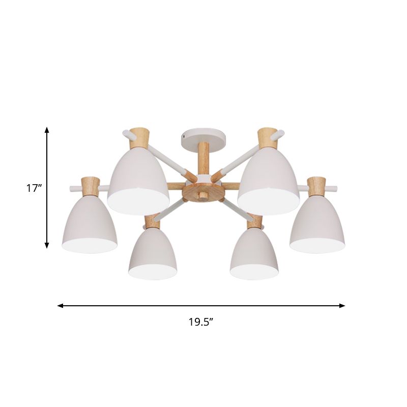 Nordic Bell Shaped Hanging Light Iron 6 Bulbs Living Room Chandelier in White with Wood Accent