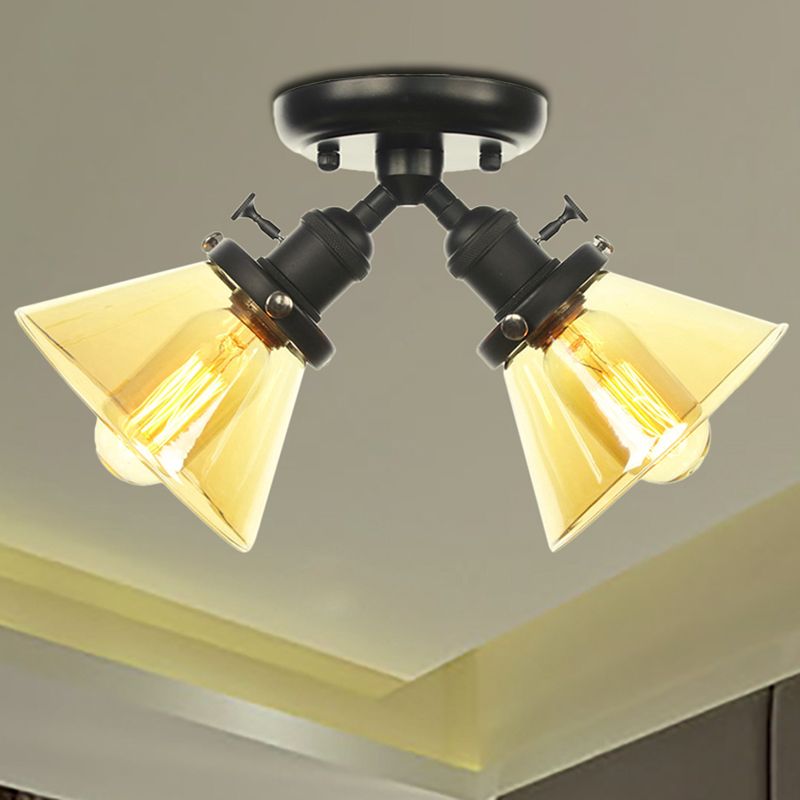 2 Heads Restaurant Ceiling Light Fixture Vintage Style Black/Bronze Semi Flush Mount Light with Conic Amber/Clear Glass Shade