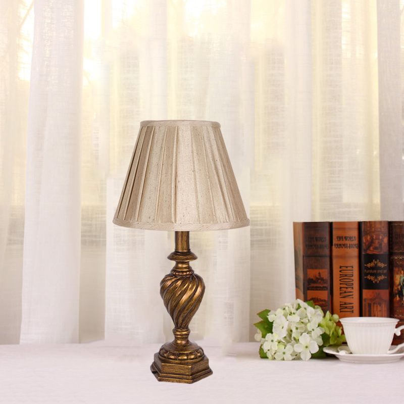 Fabric Pleated Shade Night Lighting Country 1-Head Bedroom Nightstand Light in Beige with Resin Font Base