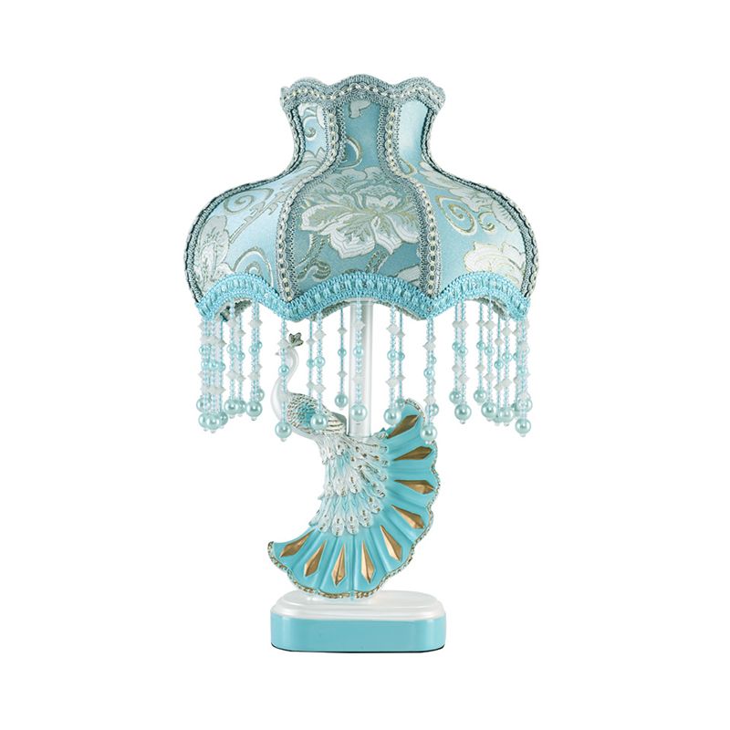 Fabric Dome Table Lamp Nordic 1-Bulb Pink/Blue Reading Book Light with Fringe and Peacock Deco