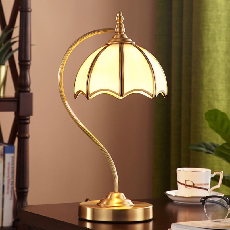 Simplicity Umbrella Shaped Table Lamp 1 Head Frosted Glass Night Lighting with Gooseneck Arm in Brass