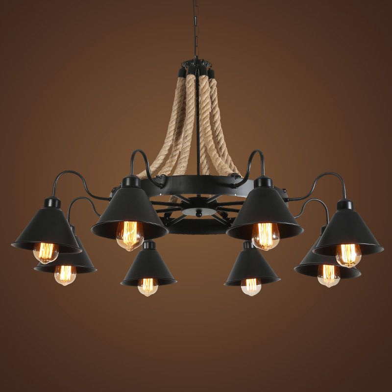 Conical Chandelier Light Industrial Black Iron Suspension Lighting with Wheel and Hemp Decoration