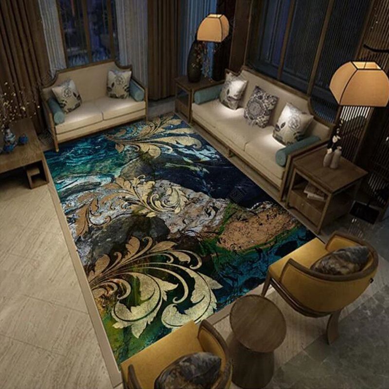 Blauer und goldener Vintage Teppich Polyester Paisley Muster Teppich waschbarer Rutsch-Rücken Teppich für Wohnzimmer