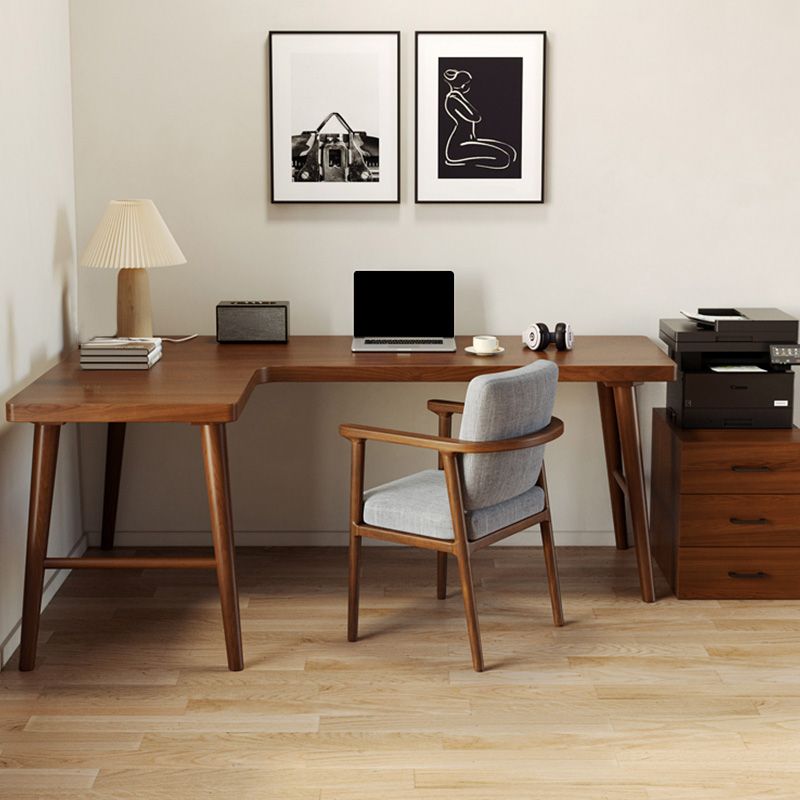 Modern Style Solid Wood Writing Desk L-Shape Office Table in Brown