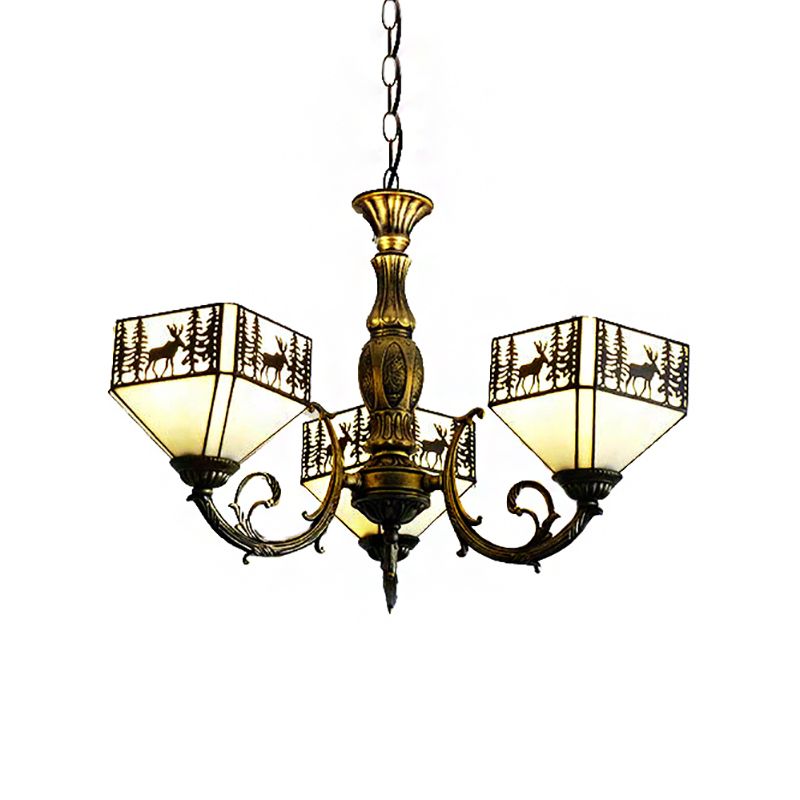 3 lumières petites maison en suspension de style rétro en suspension lustre inversé en vitrail avec un motif de cerf et d'arbre en blanc