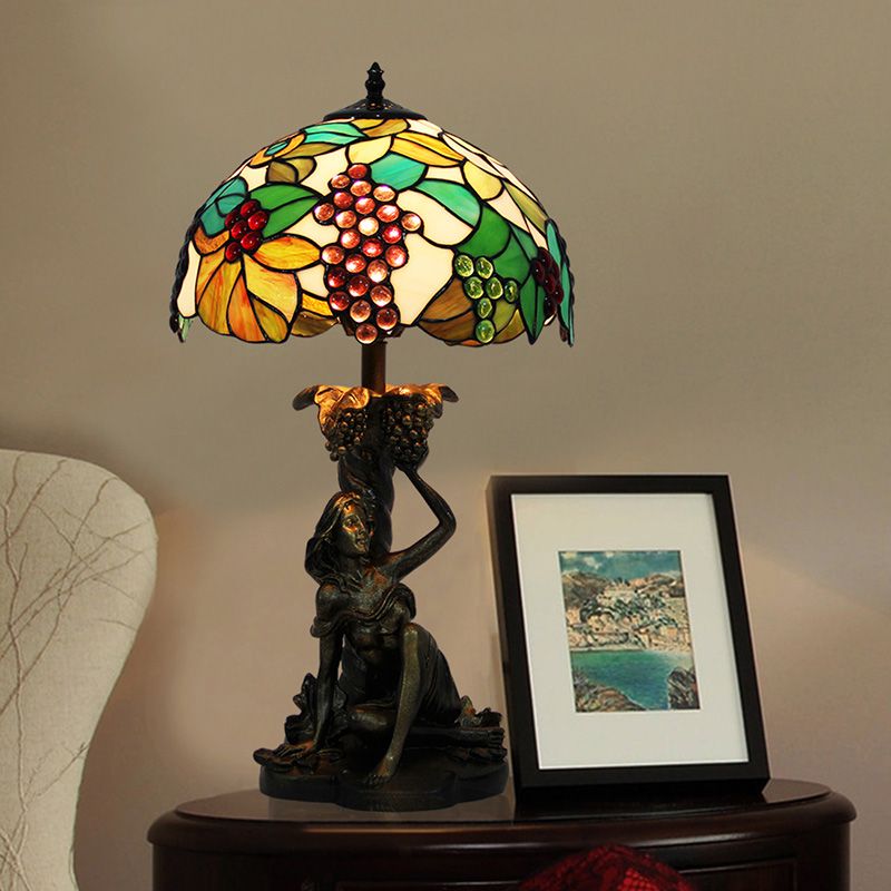 Stained Glass Domed Nightstand Lamp Victorian 1 Light Green Grape Patterned Desk Lighting with Working Woman for Bedroom