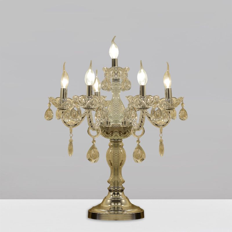 Candelabra Bedroom Table Light Traditional Clear Crystal 5/6/7 Heads Chrome Night Stand Lamp