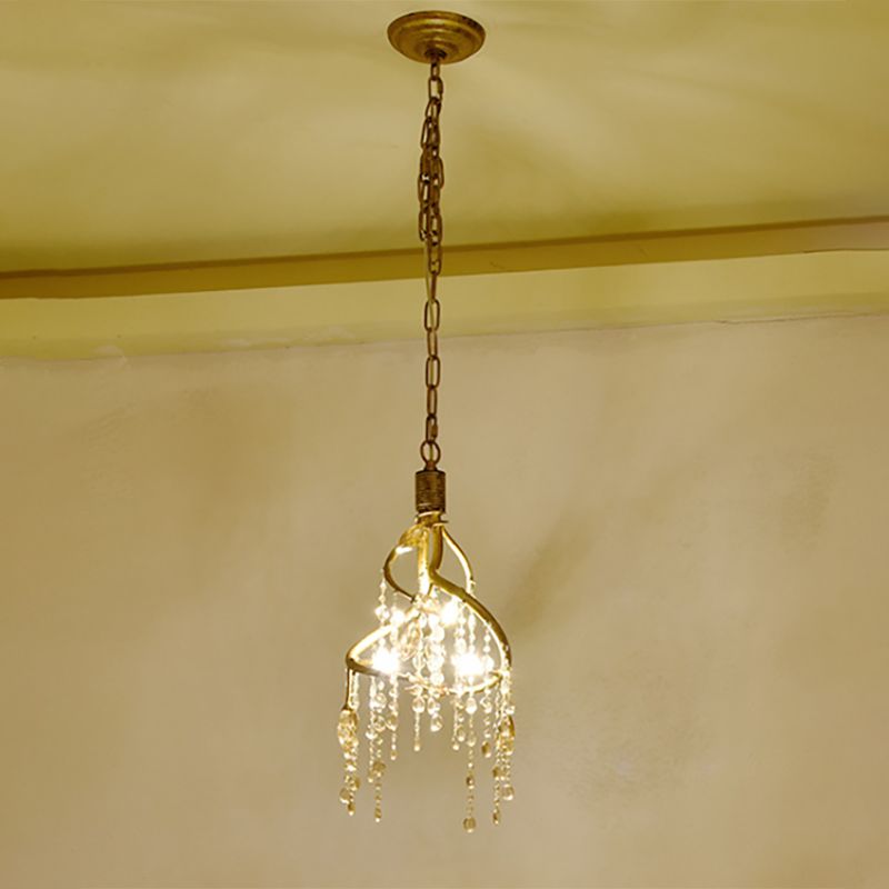 Vintage Branch Ceiling Light Metal 4 Lights Dining Room Chandelier Light with Crystal Accent