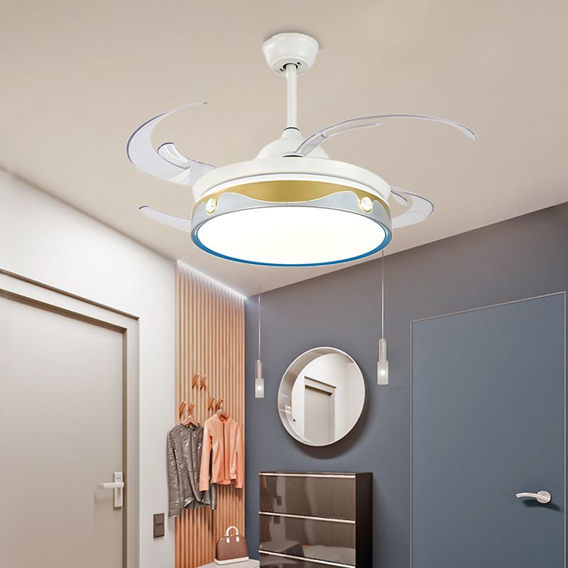 White Round Indoor Fan Lighting Contemporary Metallic 8-Blade LED Semi Mount Ceiling Lamp