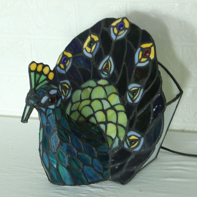 Blau 1-Kopf-Nachtlampe Mediterraner Kunstglas Peacock-Form-Tischbeleuchtung