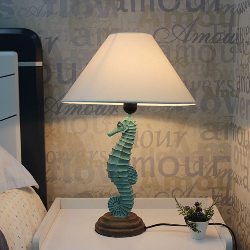 Green Seahorse Table Light Countryside Resin 1 Head Bedside Night Lamp with Wide Cone Fabric Shade