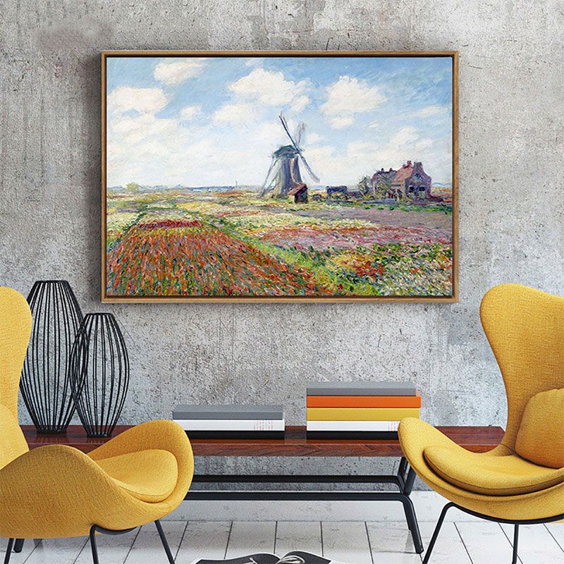 Windmill and Blossom Field Canvas Wall Art Traditional Textured Painting in Blue