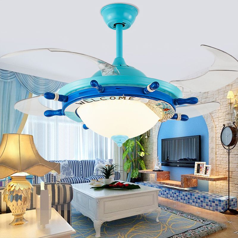 1-Light Bedroom Rudder Fan Lamp Kids White/Blue 4 Blades Semi Mount Lighting with Dome Opal Glass Shade, 36" Wide