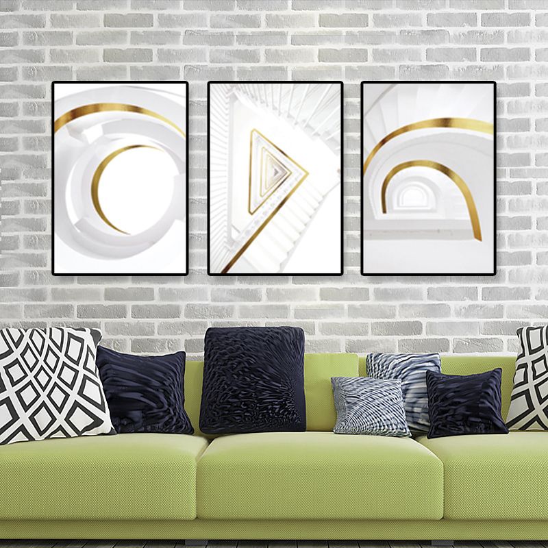 Modern Geometric Canvas Art White and Gold Architecture Wall Decor for Living Room