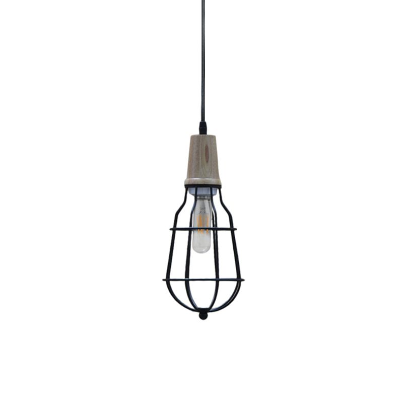 Mini Caged Suspension Light Rustic Lodge Metal 1 Bulb Pendant Lighting in Black for Coffee Shop