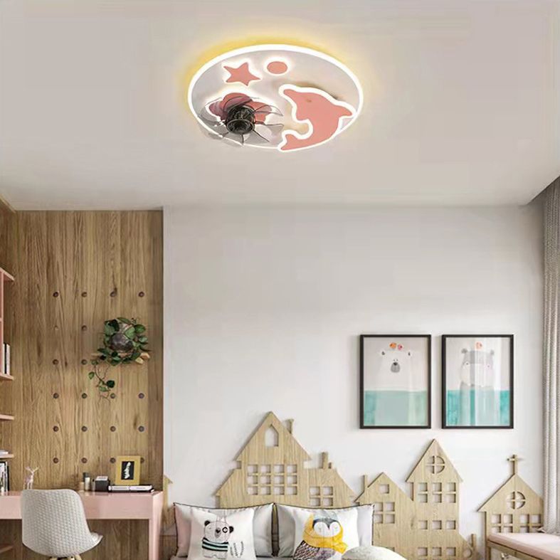 Round Kids Bedroom Ceiling Fan Lamp Metal Cartoon Style LED Semi Flush Light