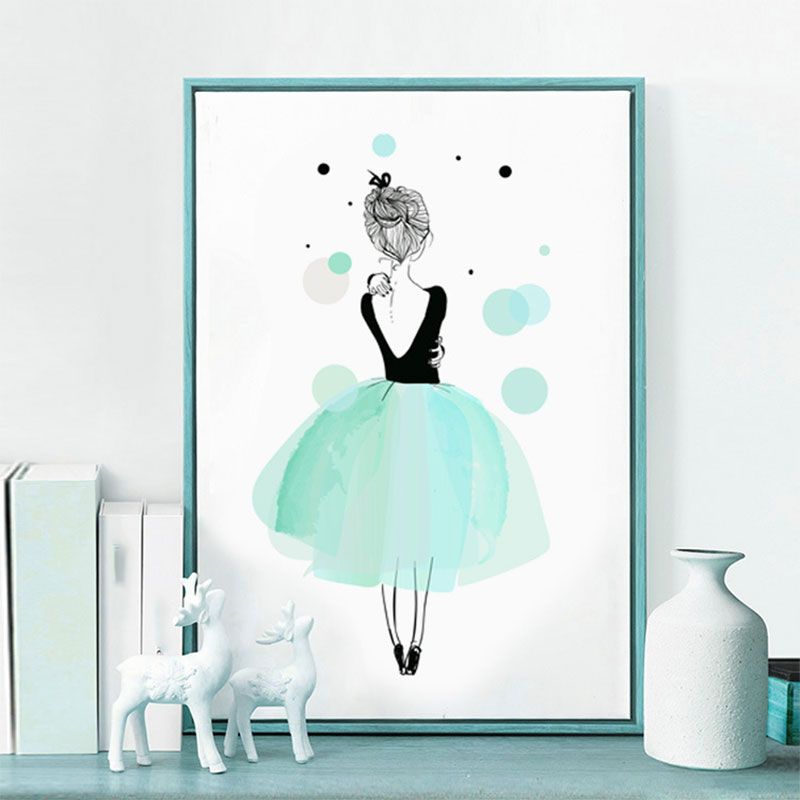 Back of Ballerina Watercolor Canvas Modern Textured Wall Art Print in Green for Girls Room