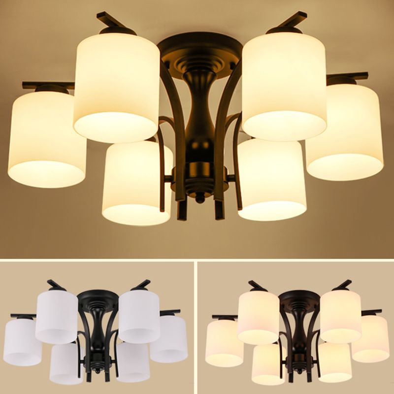 Cylindrical Shade Flush Mount Lighting Modern Rustic Style White White Glass Semi Flush pour le salon