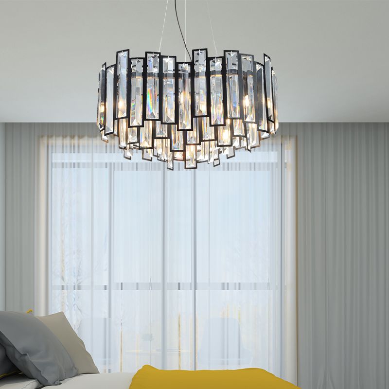 Modern Geometric Chandelier Light Kit Crystal Block with Black Metal Frame 12 Lights Bedroom Ceiling Light