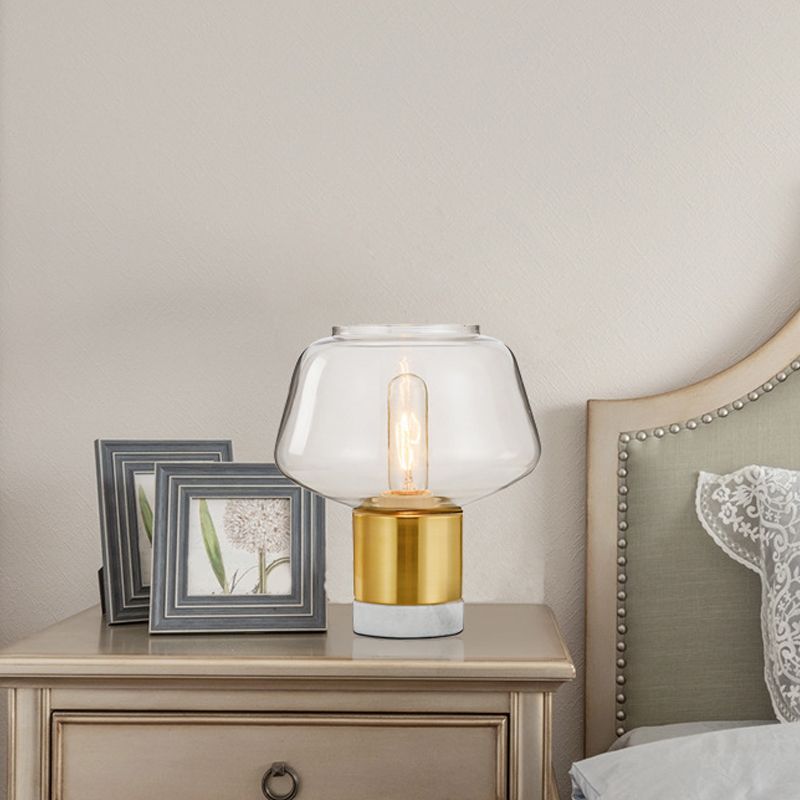 Postmodern Single-Bulb Night Lamp Gold Cylinder/Ball/Tapered Plug-in Table Light with Frosted White/Clear Glass Shade