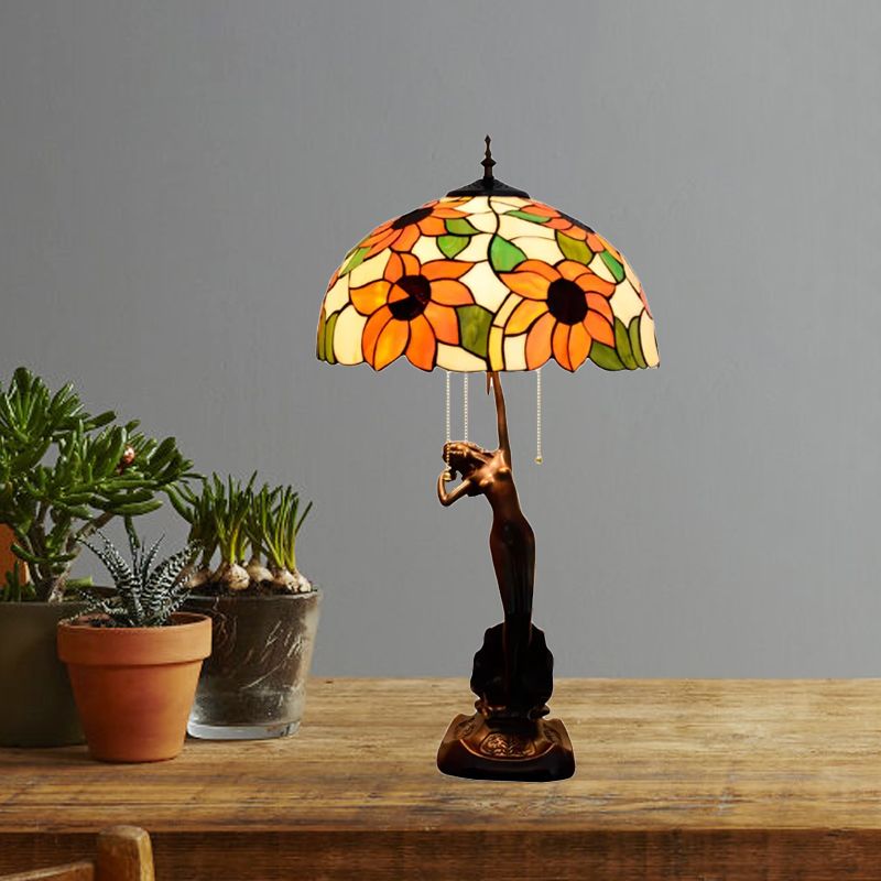 Flowering Stained Glass Table Lamp Tiffany-Style 3 Heads Red/Orange Pull-Chain Night Stand Light with Women Sculpture