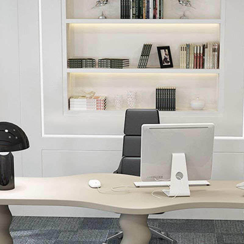 Contemporary Wood Office Desk Irregular Shape Task Desk with 3 Legs in White/Black/Grey