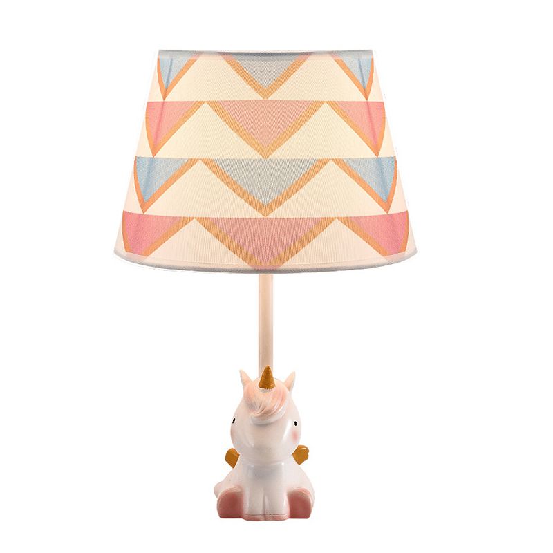 Pink Unicorn Table Lamp Cartoon 1 Head Resin Nightstand Light with Patterned Empire Shade