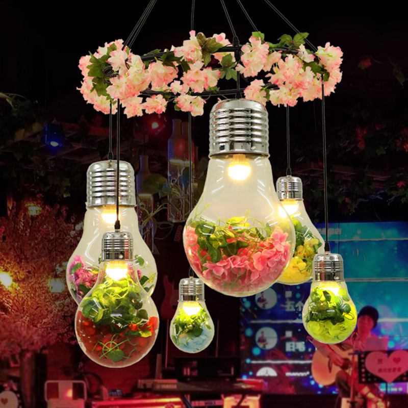 Black 6 Heads Cluster Pendant Industrial Clear Glass Bulb Shape LED Flower Suspension Light for Restaurant