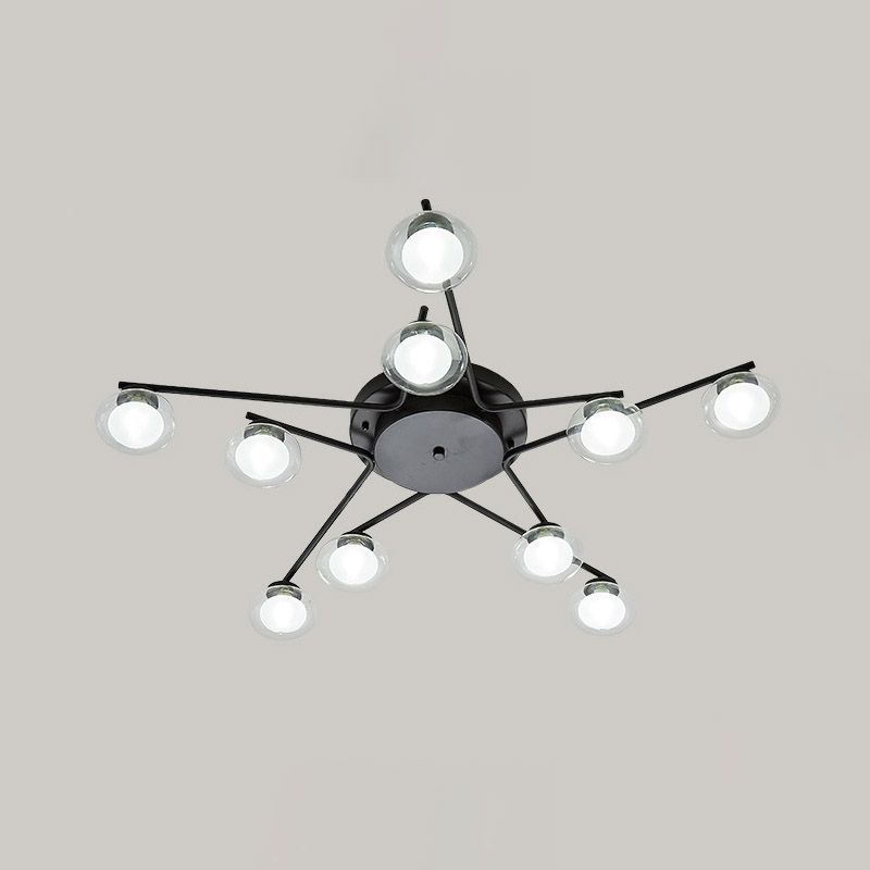 Black Pentagram Ceiling Flush Kids 10 Heads Iron Semi Mount Lighting with Dual Ball Glass Shade