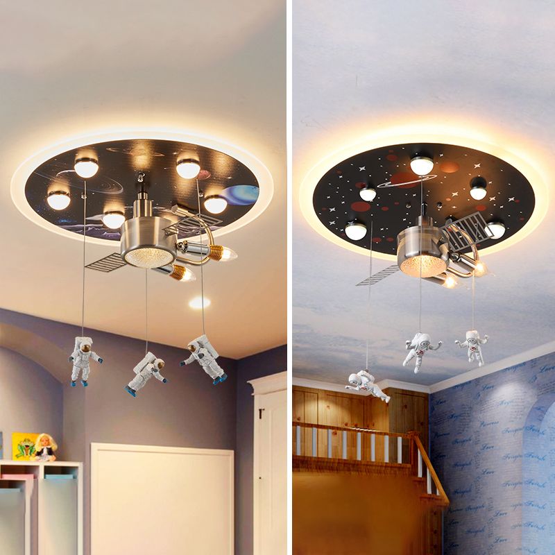 Satellite Metal Flush Ceiling Light Childrens 3-Bulb Flushmount Lighting with Astronaut Deco