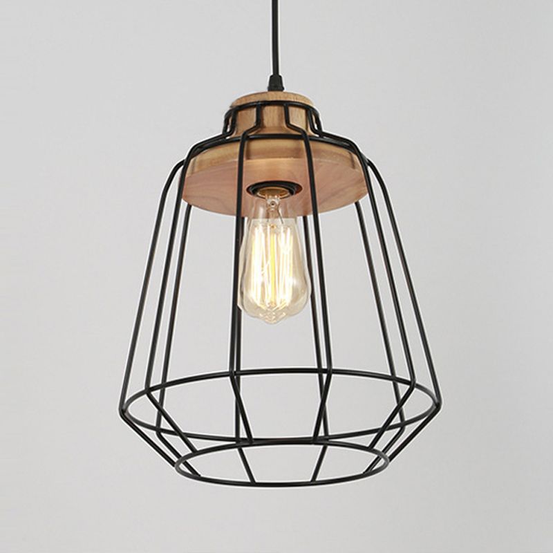 1 Head Hanging Pendant Light with Barrel/Cylinder Cage Shade Metal Retro Style Bedroom Hanging Lamp in Black