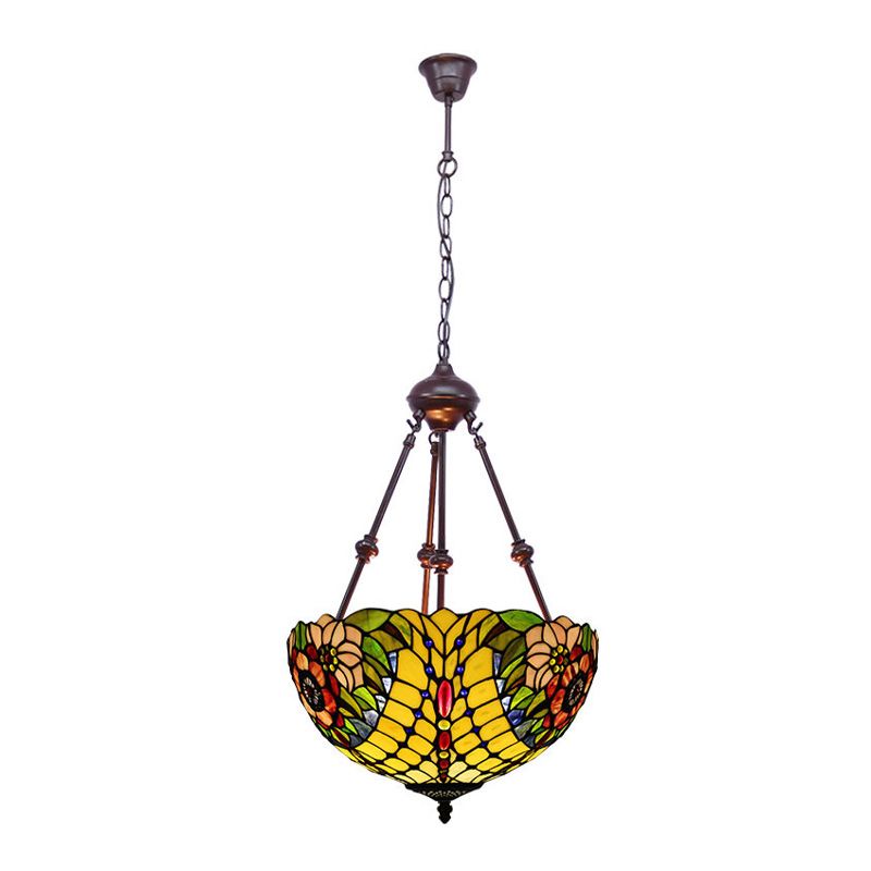 2 Lights Flower Bush Chandelier Lamp Tiffany Stylish Red/Yellow/Purple Stained Glass Pendant Light