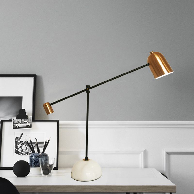 Single Study Desk Lamp Designer White-Brass Balance Arm Reading Light with Bell Metal Shade