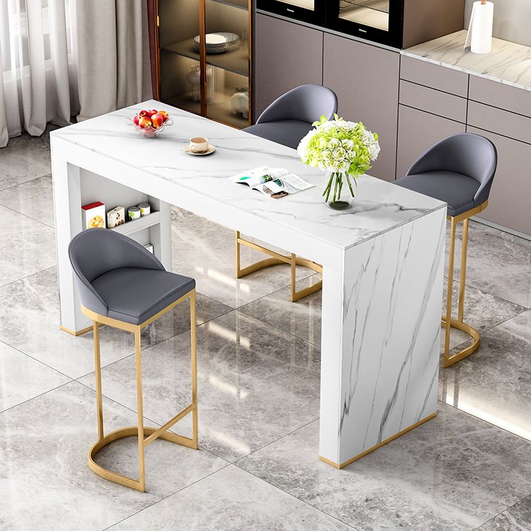 Glam White Wood Bar Dining Table with White Stone Top Rectangle Indoor Bistro Table