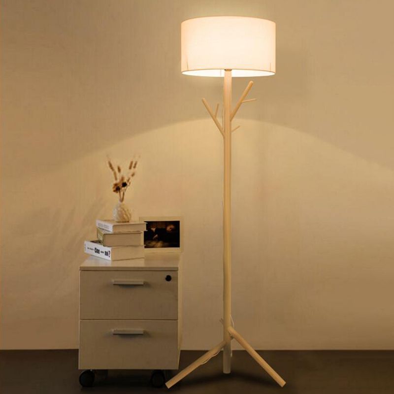 Drum White Fabric Floor Standing Light Contemporary 1-Bulb Wood Tree Stand Up Lamp