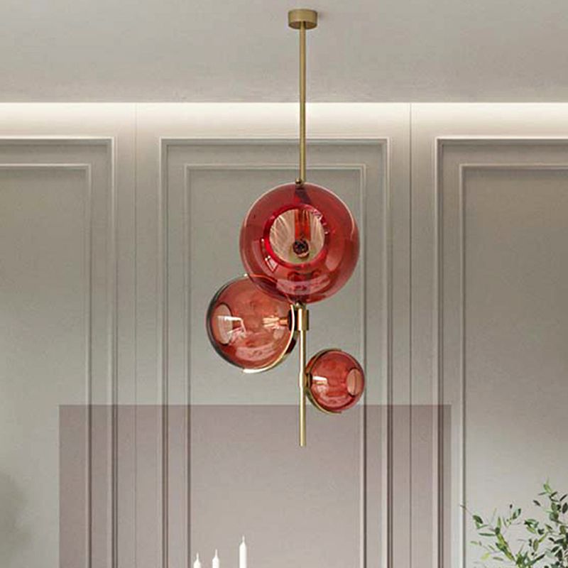 Contemporary Sphere Red Glass Chandelier 3-Head Dining Room Pendant Lighting Fixture