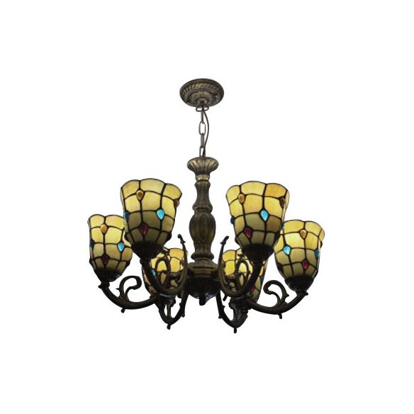 6 Bulbs Bell Hanging Light with Bead Tiffany Vintage Glass Chandelier in Yellow for Study Room