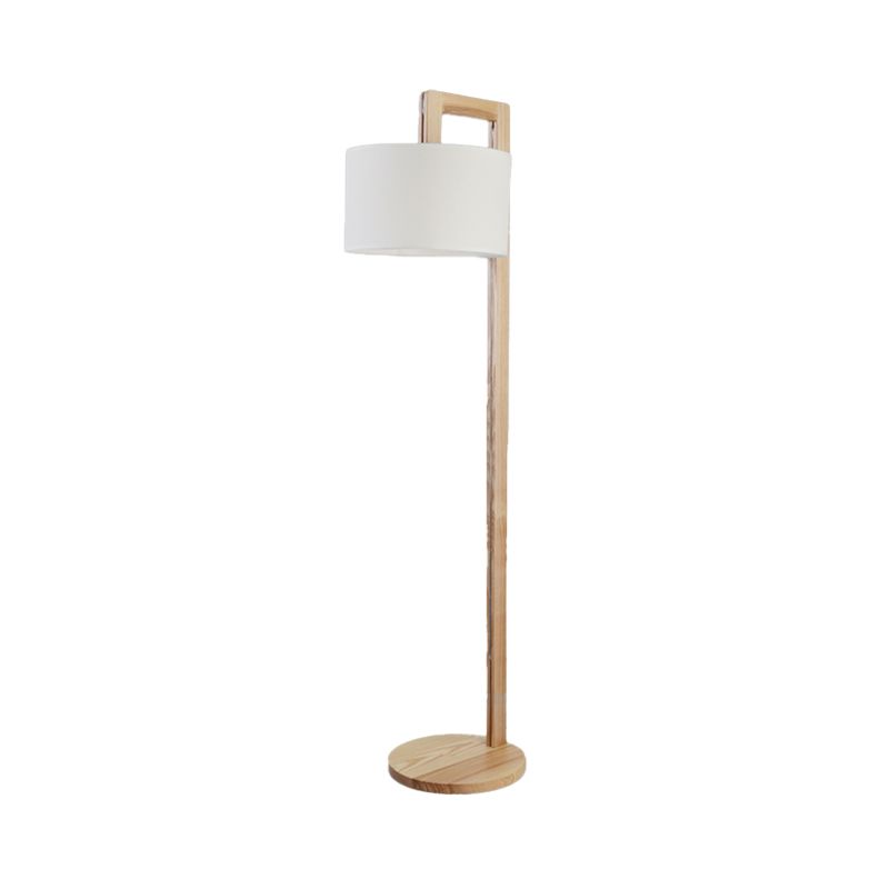 Wood Right Angle Arm Floor Lamp Asian Single Head Beige Floor Standing Lamp with Drum Fabric Shade