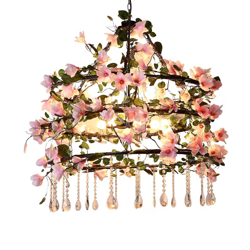 Iron Pink Chandelier Light Fixture 3 Tiers Flower 6 Heads Farm Style Hanging Pendant with Crystal Accent