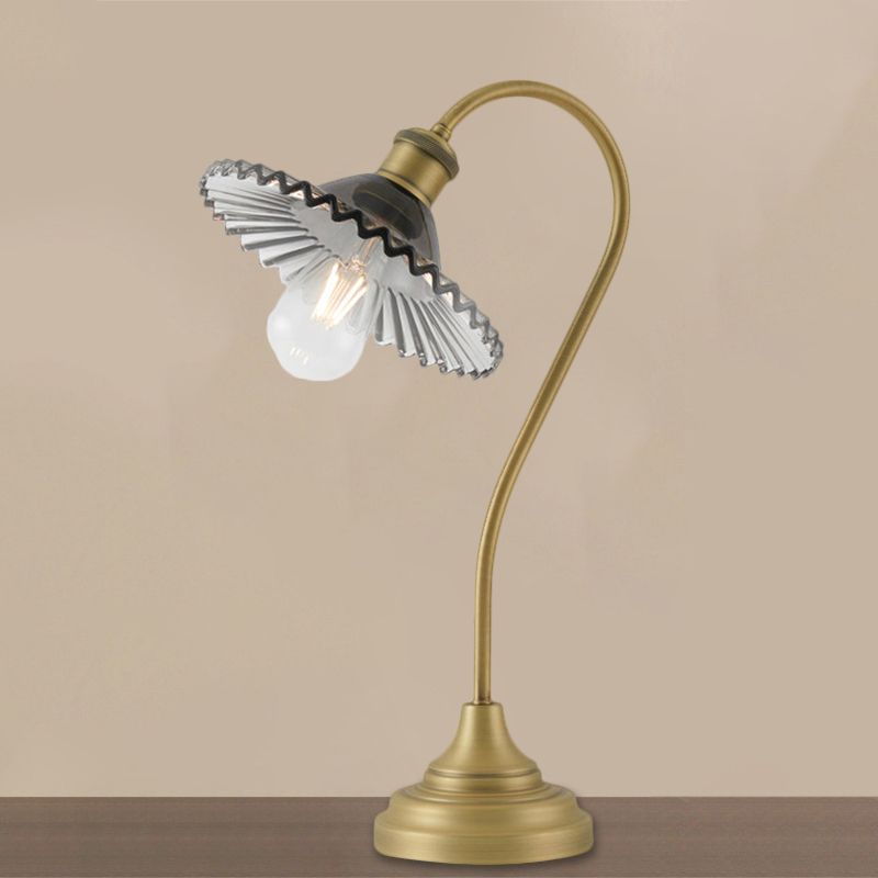 Wide Flared Table Light Simplicity Grey/Green Ribbed Glass Brass Night Lighting with Curved Arm