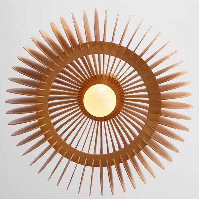 Modern Flush Mount Pumpkin Shape Ceiling Light with Wood Shade for Living Room