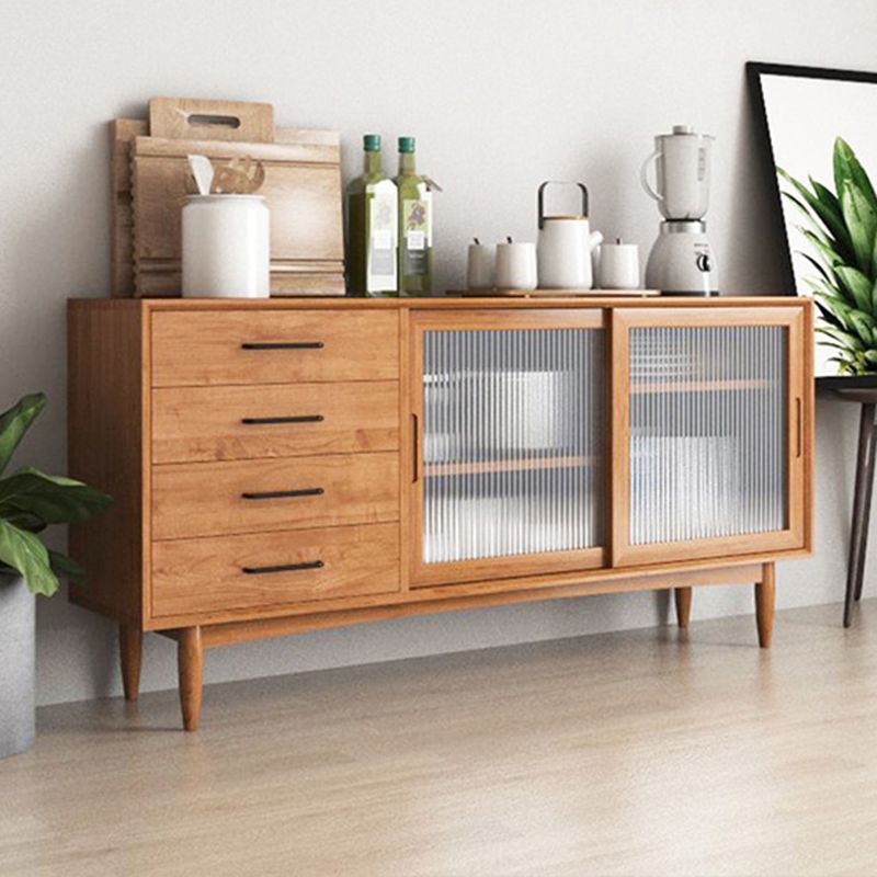 Modern Style Brown Storage Credenza Solid Wood Buffet Sideboard with 4-Drawer